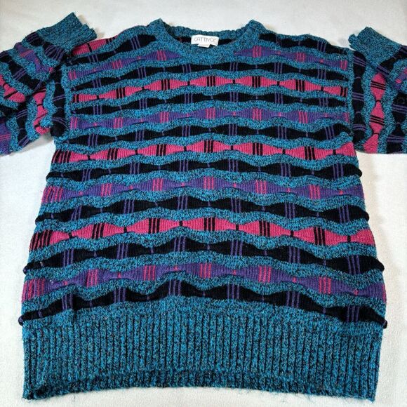 Vintage 90s Cattivo Sweater Coogi Style 3D Knit Size Medium Geometric - Picture 4 of 14